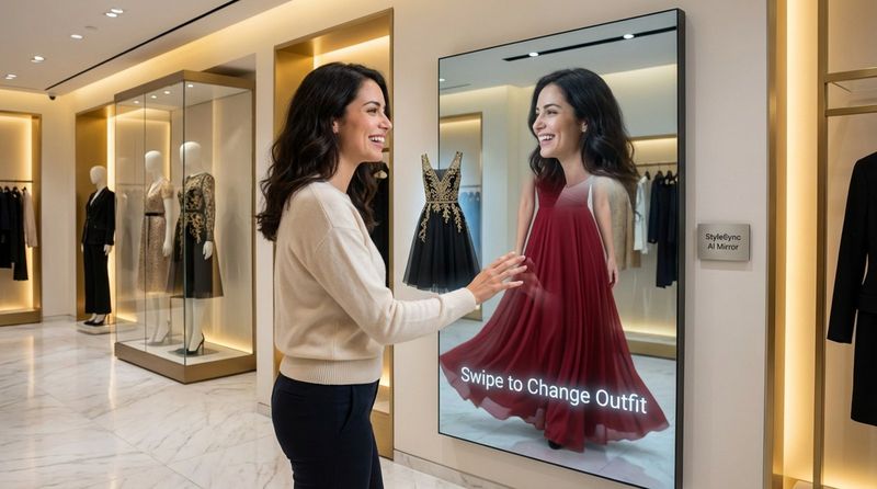 A customer interacts with a digital mirror in a luxury boutique, trying virtual outfits with a modern, chic interior.
