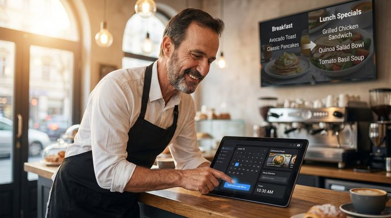 Cafe owner activates lunch menu on tablet with a digital menu changing in the background.
