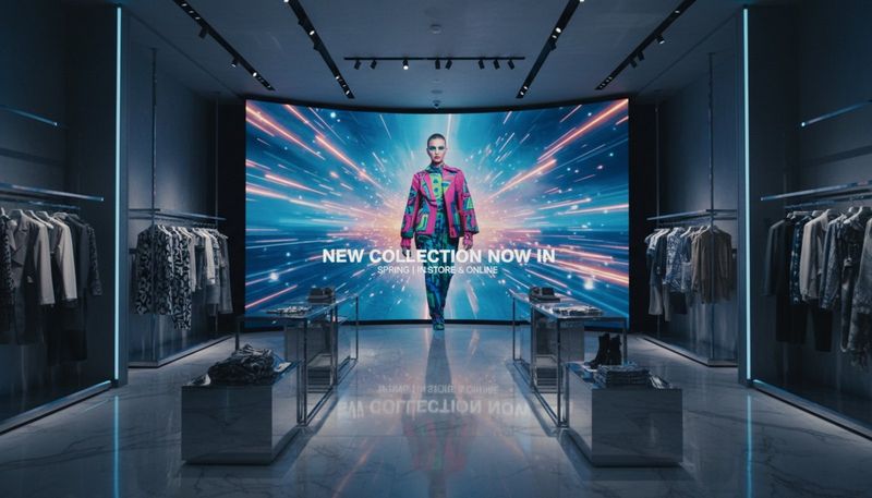 A flagship fashion store's interior featuring a large video wall displaying a promotional video with a model and vibrant graphics