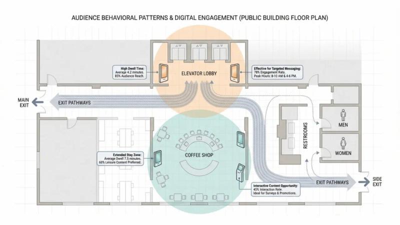 An infographic illustrating audience movement and dwell zones in a public building with digital screens and callouts.