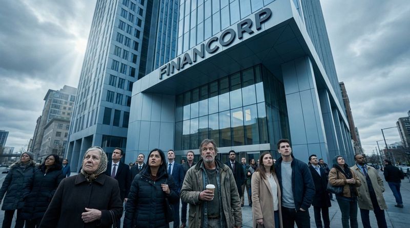 A group of diverse people look up with skeptical expressions at a large bank facade, illustrating consumer distrust and the trust gap.