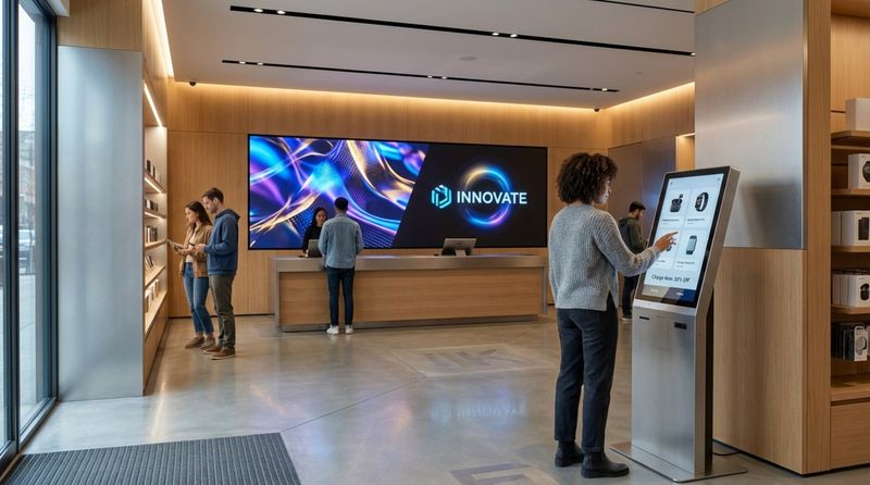 A retail space with digital signage and an interactive kiosk creating an engaging shopping environment.
