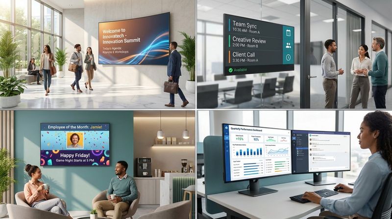 Collage of digital signage applications in a modern office including a lobby screen, meeting room panel, break area display, and employee dashboard.