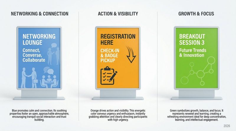 An infographic illustrating the psychology of color in conference signage with three sections showing signs in blue orange and green for different purposes.