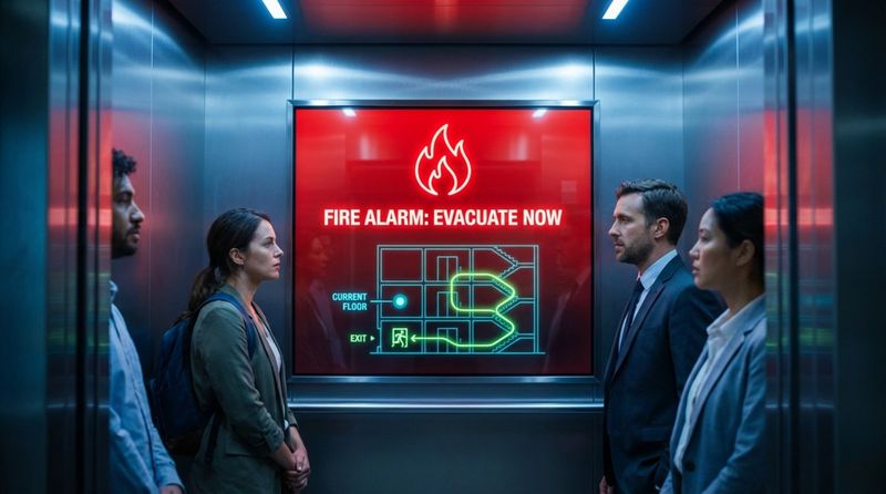 A digital screen inside an elevator displaying a fire emergency alert with a red background and evacuation instructions.
