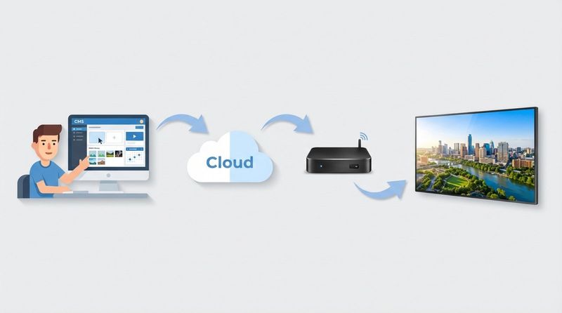 A modern infographic illustrating how digital signage functions from content management to display with icons and arrows.