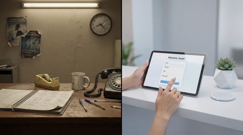 Split-screen comparison showing a cluttered 1990s reception with paper logbook and landline and a modern sleek reception with a digital visitor tablet.