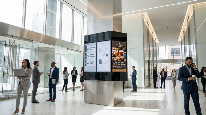 A busy commercial office lobby during the morning with people passing by a digital directory displaying company names and a promotional video.
