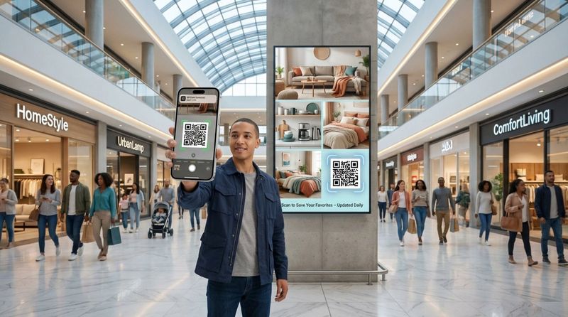 A person holding a smartphone with the camera focused on a QR code displayed on a digital signage screen in a busy shopping mall. The image demonstrates how to scan on-screen content.