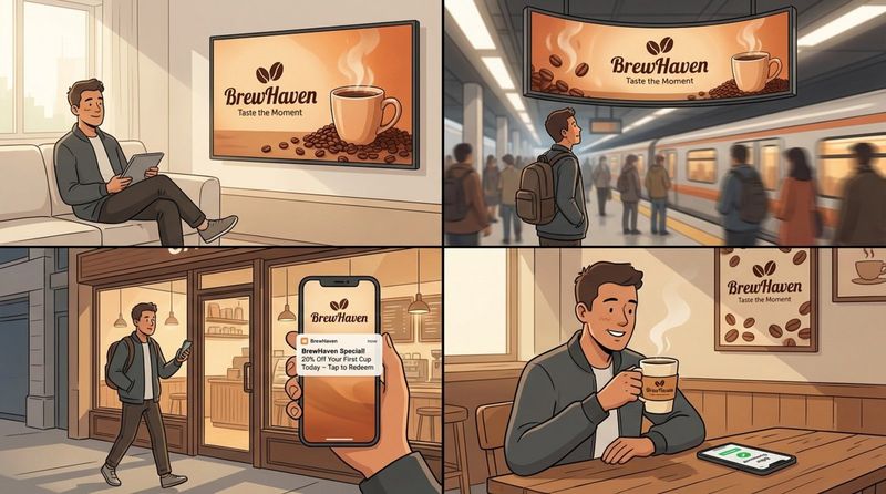 Storyboard illustrating a customer journey with consistent visuals showing a person encountering a coffee brand across TV, digital billboard, mobile notification, and enjoying the coffee inside a cafe.