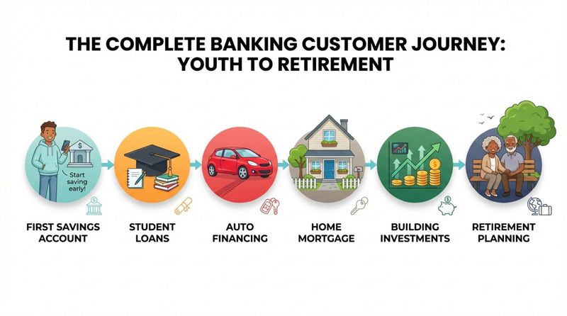 A colorful infographic timeline illustrating key banking milestones from opening an account to retirement with icons representing each stage.