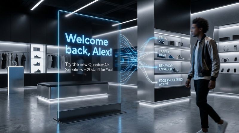 A sleek high-tech display in a retail store showing personalized content to a shopper, connected to IoT sensors for adaptive experience.