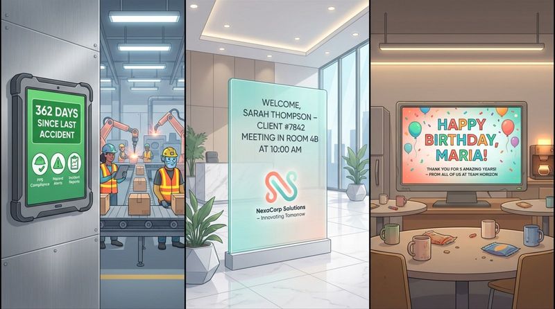 An illustrative triptych of digital screens in various environments including a factory, corporate lobby, and staff breakroom showing safety metrics, welcoming messages, and celebrations.