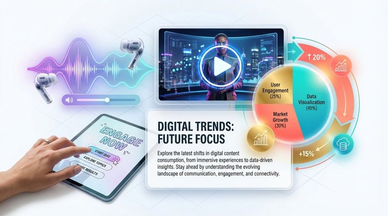 A collage showcasing various digital content types including a blog article, infographic, video play button, audio waveform, and a hand interacting with a tablet.