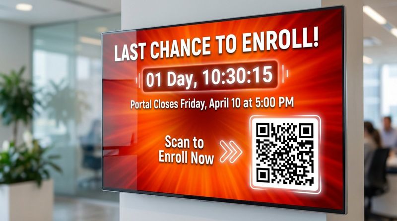 Digital signage reminding users to enroll before the deadline with a countdown clock and QR code.