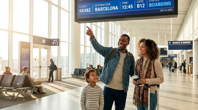A family looks at a departure screen in an airport terminal with smiles, reflecting a positive travel experience.