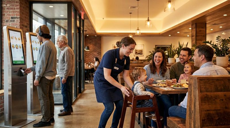 A friendly restaurant employee assists a family at their table while customers use self-ordering kiosks in the background, highlighting human service alongside automation.