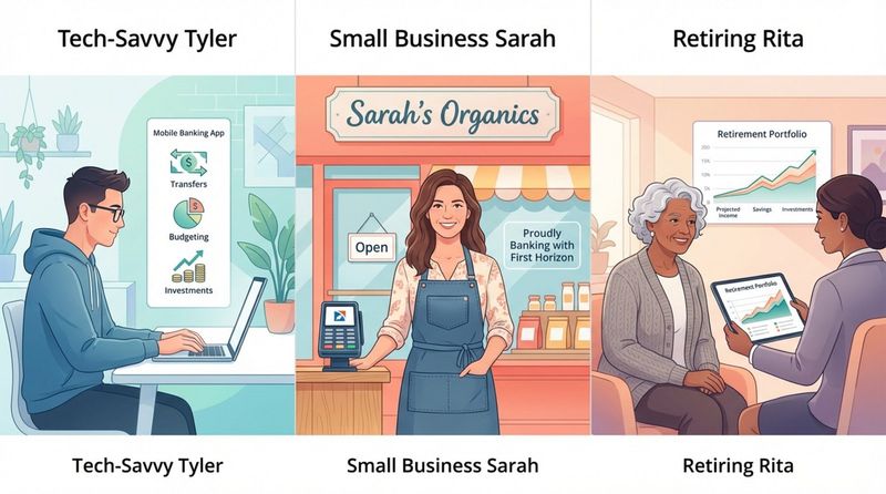 Modern illustration displaying three customer personas for bank marketing, including a tech-savvy young man, a small business owner woman, and an older woman with a financial advisor.