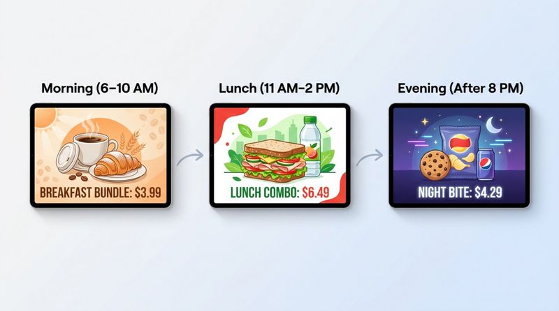 Illustration of a timeline for dayparting in a convenience store showing three digital screens for morning lunch and evening promotions connected by arrows.