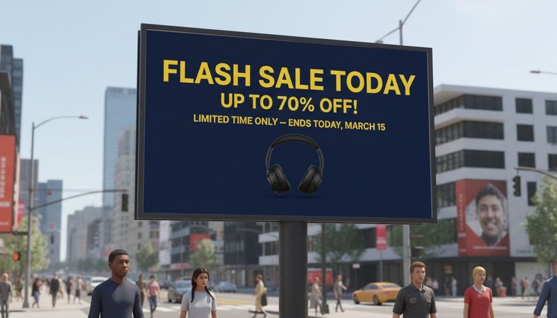 A bold and clean outdoor display advertisement with bright yellow text on a deep blue background promoting a flash sale.