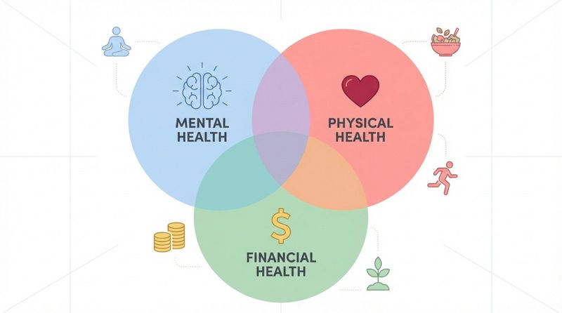 Modern infographic illustrating holistic employee wellbeing with overlapping circles representing mental, physical, and financial health.