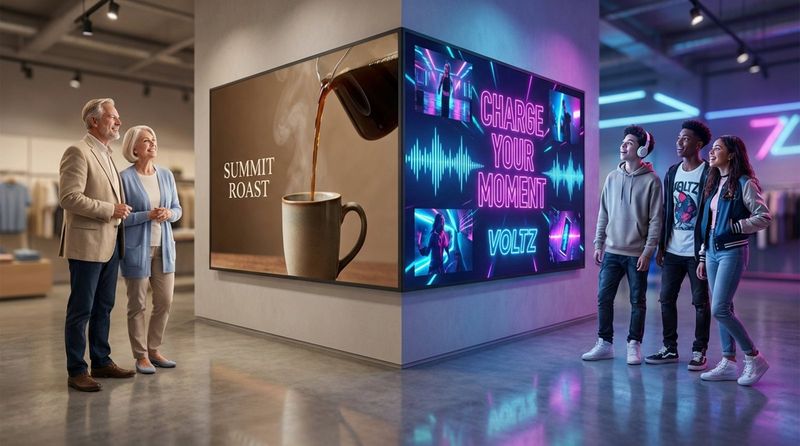 A digital screen in a retail setting displays different content for different audiences, showing an elegant coffee ad for older customers and a vibrant energy drink ad for teenagers.