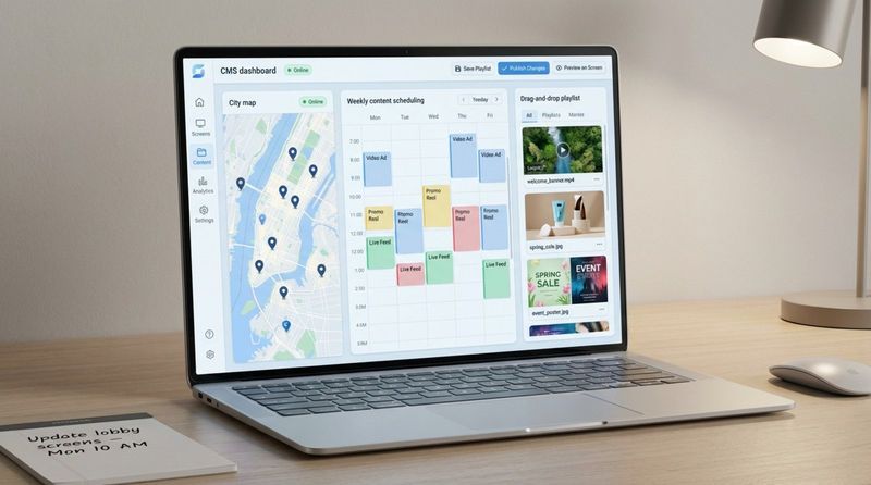 A modern illustration of a digital signage CMS dashboard displayed on a laptop, showing a map, scheduling calendar, and playlist builder for easy content management.