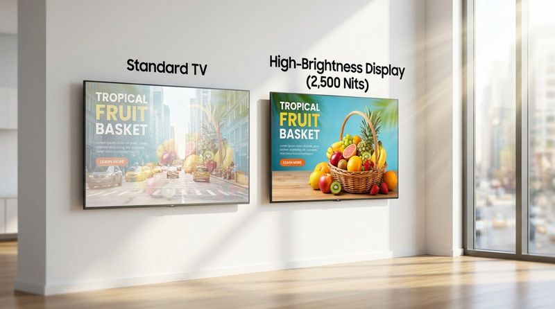 Diagram comparing standard TV and high-brightness display in sunlight showing clarity and glare differences.