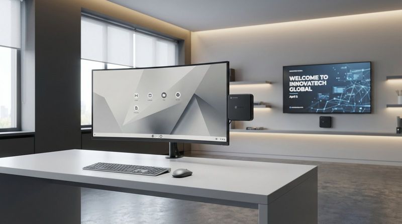 A modern office workspace featuring sleek Chromebox devices mounted on monitors and powering digital signage for a professional look.