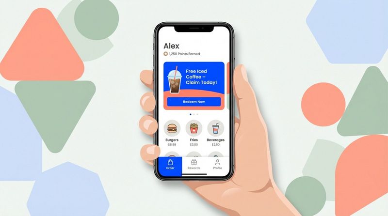A person's hand holding a smartphone displaying a QSR's mobile app with loyalty points and a special offer.