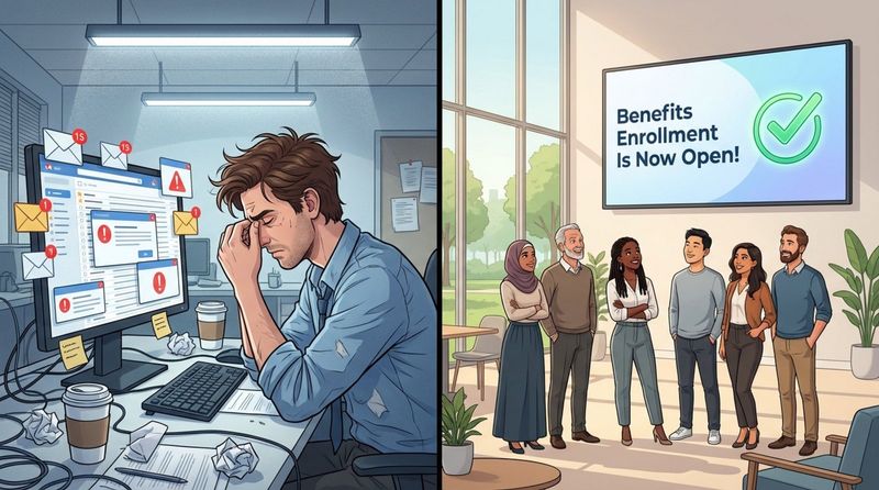 A modern corporate illustration showing a chaotic email inbox contrasted with a calm breakroom where employees see benefits enrollment information on a digital screen.