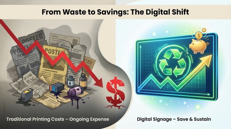 A split-screen infographic contrasting recurring costs with long-term savings through sustainability symbols.