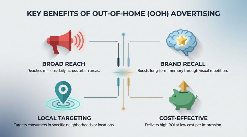 An infographic summarizing the key benefits of out-of-home advertising with icons representing reach recall targeting and cost-effectiveness.