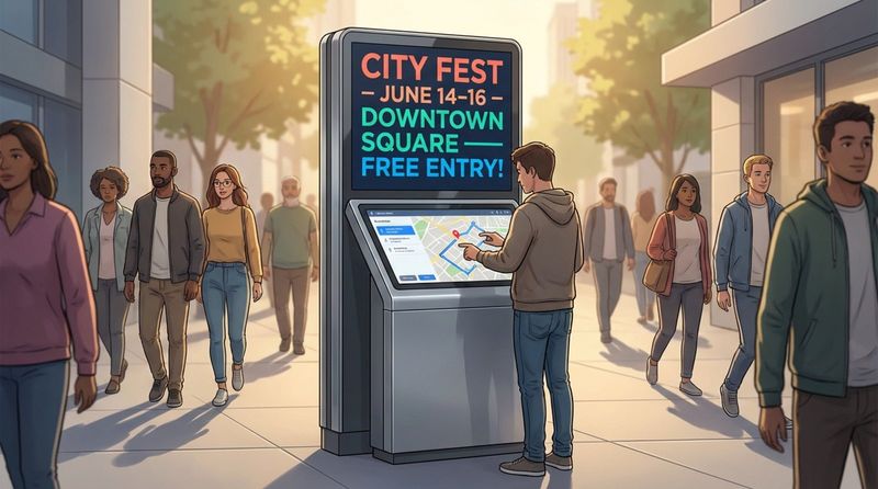 A person interacts with a digital kiosk on a busy city sidewalk, showcasing street furniture's utility and appeal.