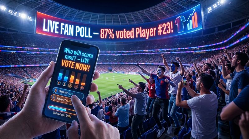 A fan holds a smartphone displaying a live poll during a night game with a large video wall showing real-time results and an excited crowd.