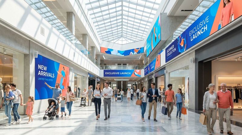 A lively shopping mall interior with digital signage and diverse shoppers in a bright, cinematic setting.