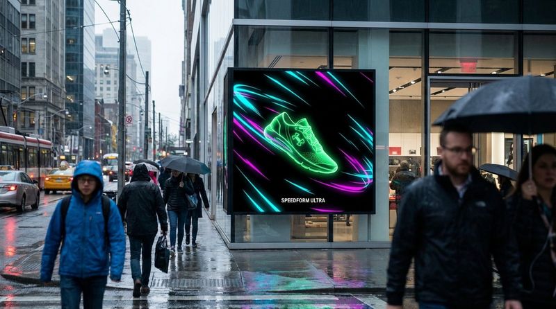A digital window display showcasing a neon-colored sneaker animation on a busy city street.