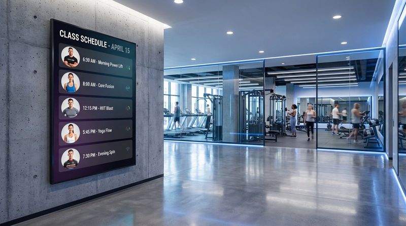 A sleek gym entrance with a digital screen displaying the class schedule, emphasizing modern technology and a premium experience.