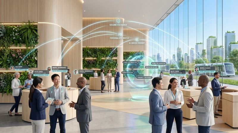 A modern conference hall with diverse attendees connecting through glowing lines, symbolizing AI-driven personalization and data flow.