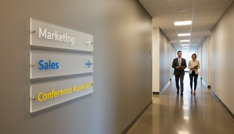 Modern office hallway with layered acrylic directional signs indicating departments and rooms.