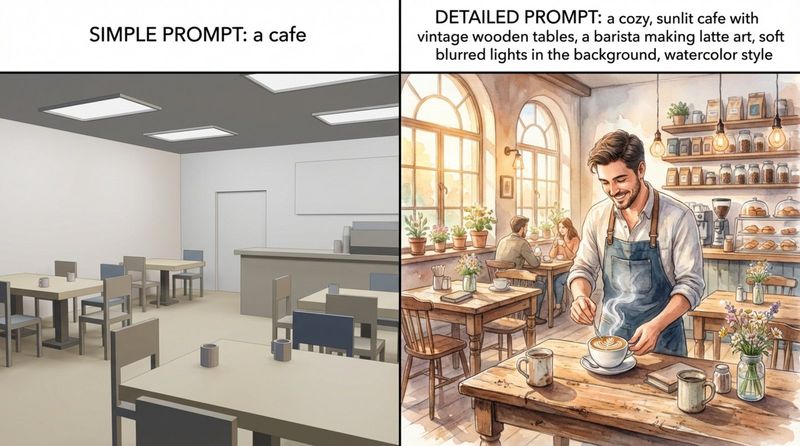 Split-screen illustration showing the difference between simple and detailed AI prompts with a bland cafe on the left and a detailed watercolor cafe on the right.
