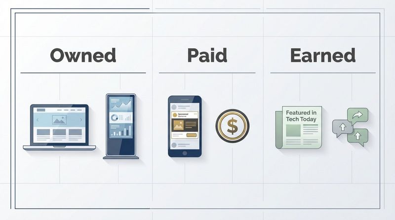 A professional diagram illustrating the three types of media distribution with icons for owned paid and earned media sections.