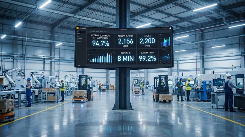 A digital signage monitor displays live production efficiency metrics in a busy manufacturing plant, serving as an information hub for workers.