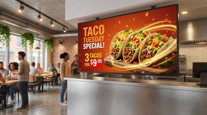 A digital menu board displaying a Taco Tuesday Special with appetizing tacos and eye-catching graphics to attract customers.