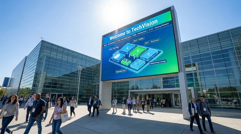 A large outdoor LED pylon sign displays a welcome message, schedule, and map at a modern convention center entrance with people approaching.