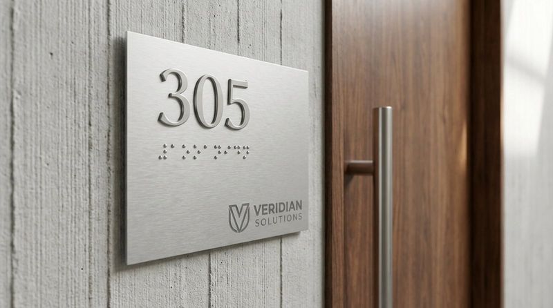 A close-up of an ADA-compliant room sign mounted on a textured wall next to a wooden door, showcasing tactile lettering and Braille for accessible wayfinding.