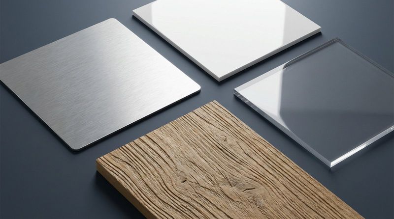 Arrangement of various sign materials on a dark slate background highlighting different textures and finishes.