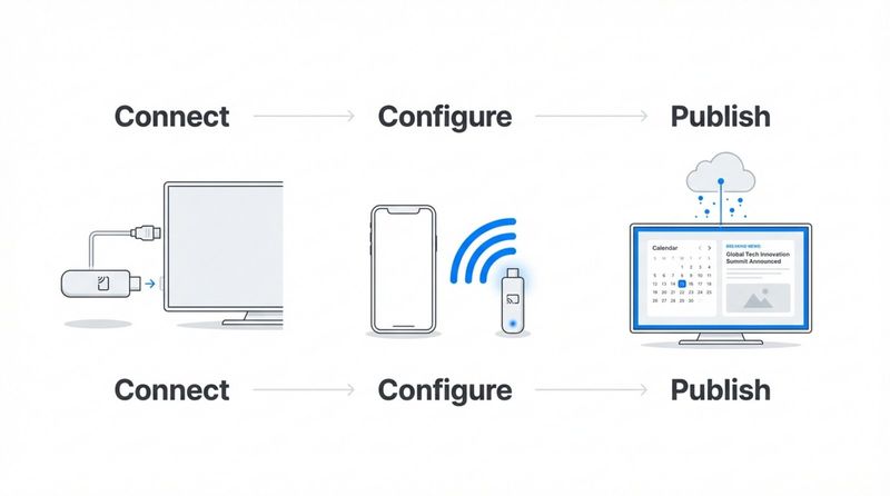 A modern infographic illustrating a three-step process for content setup with icons and labels for connect configure and publish
