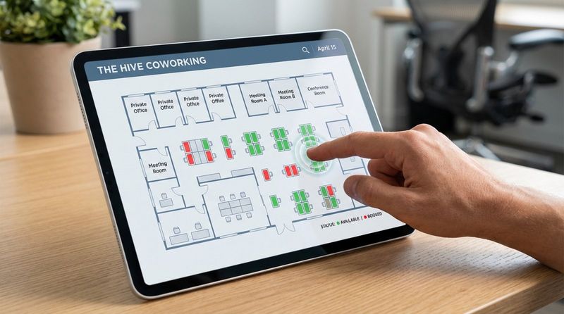A person interacts with a digital floor plan of a coworking space on a tablet, showing available and booked desks and rooms.