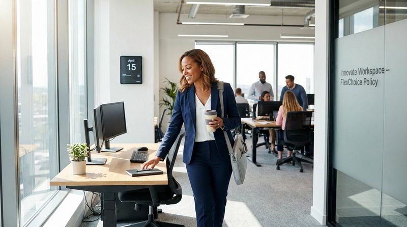 A professional woman walks through a modern office with a laptop bag, highlighting employee empowerment and a positive work environment.